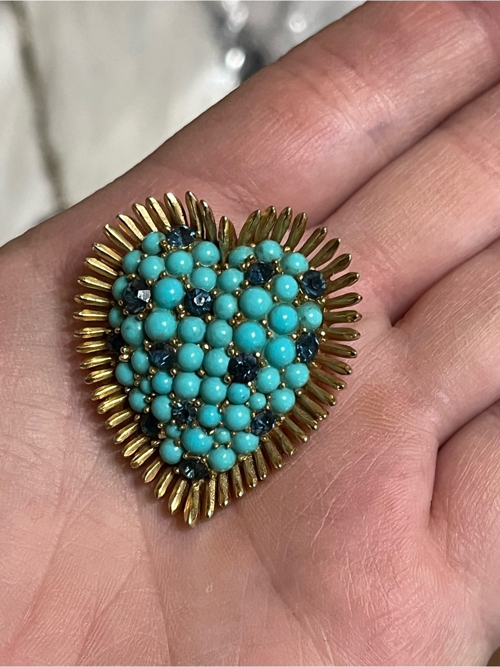 Vintage Trifari Turquoise Rhinestones Heart Brooch - Picture 7 of 12